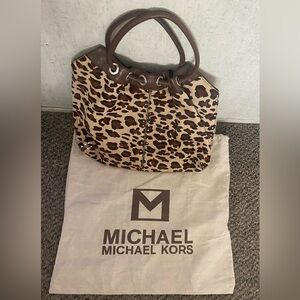 NWOT Michael Michael Kors Brown Leopard calf hair Tote with studs and dust bag
